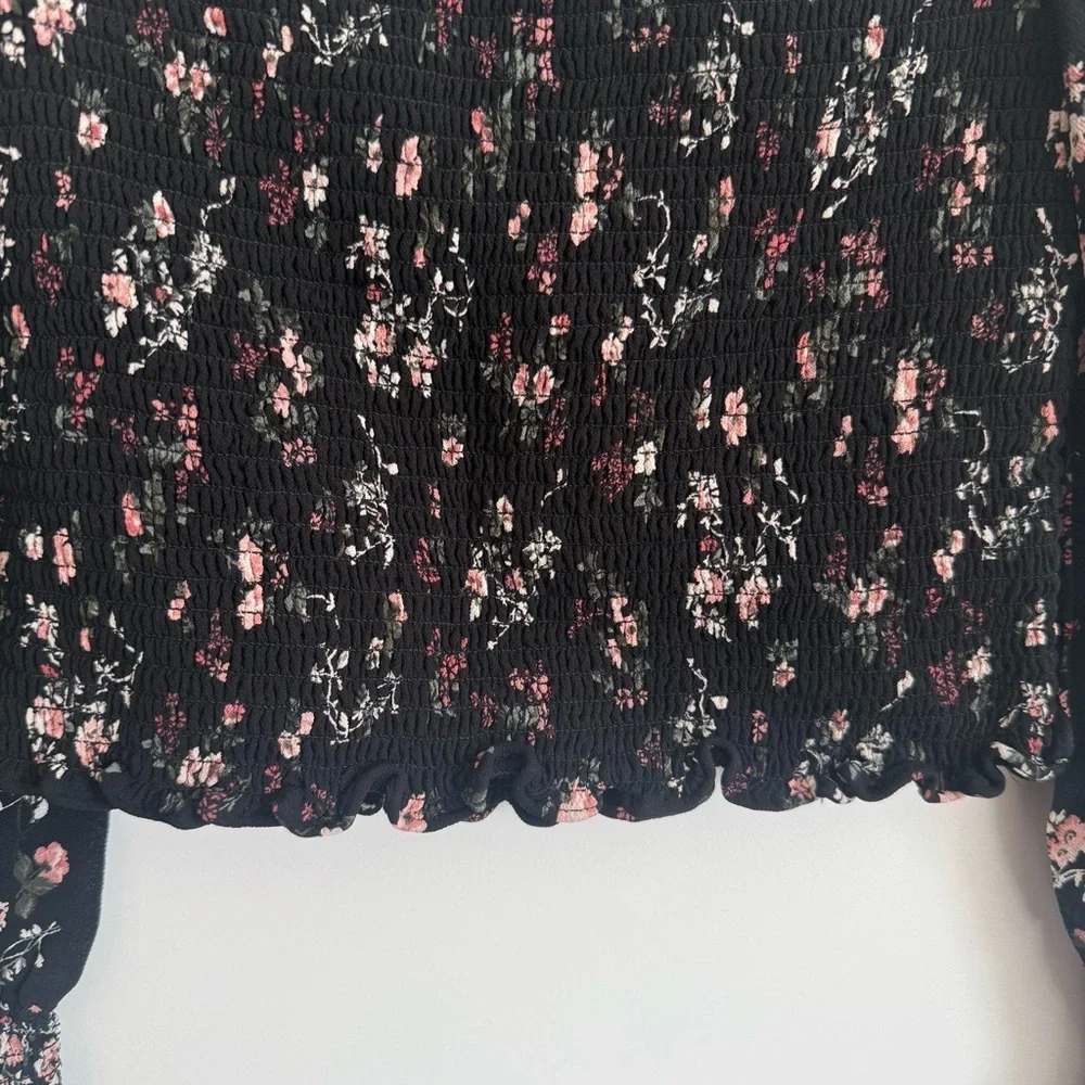REFORMATION Jolene Smocked Long Sleeve Floral Top Pinto Black Floral XS
